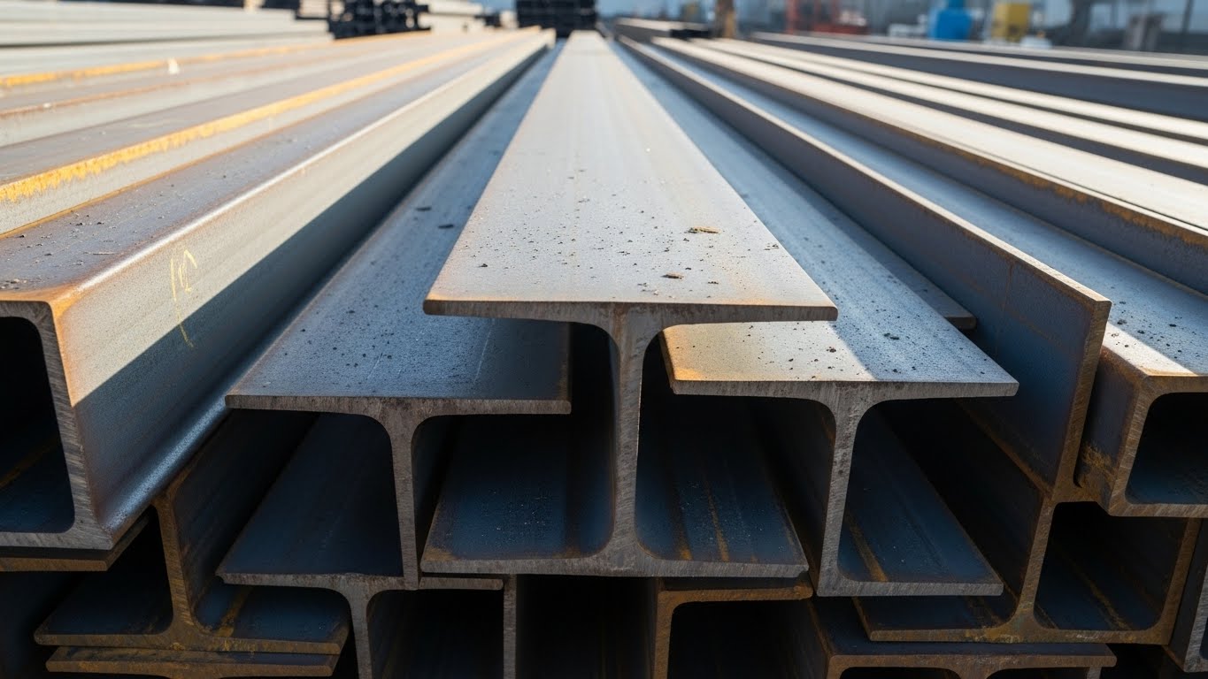 Farklı ebatlarda istiflenmiş çelik profil paketleri