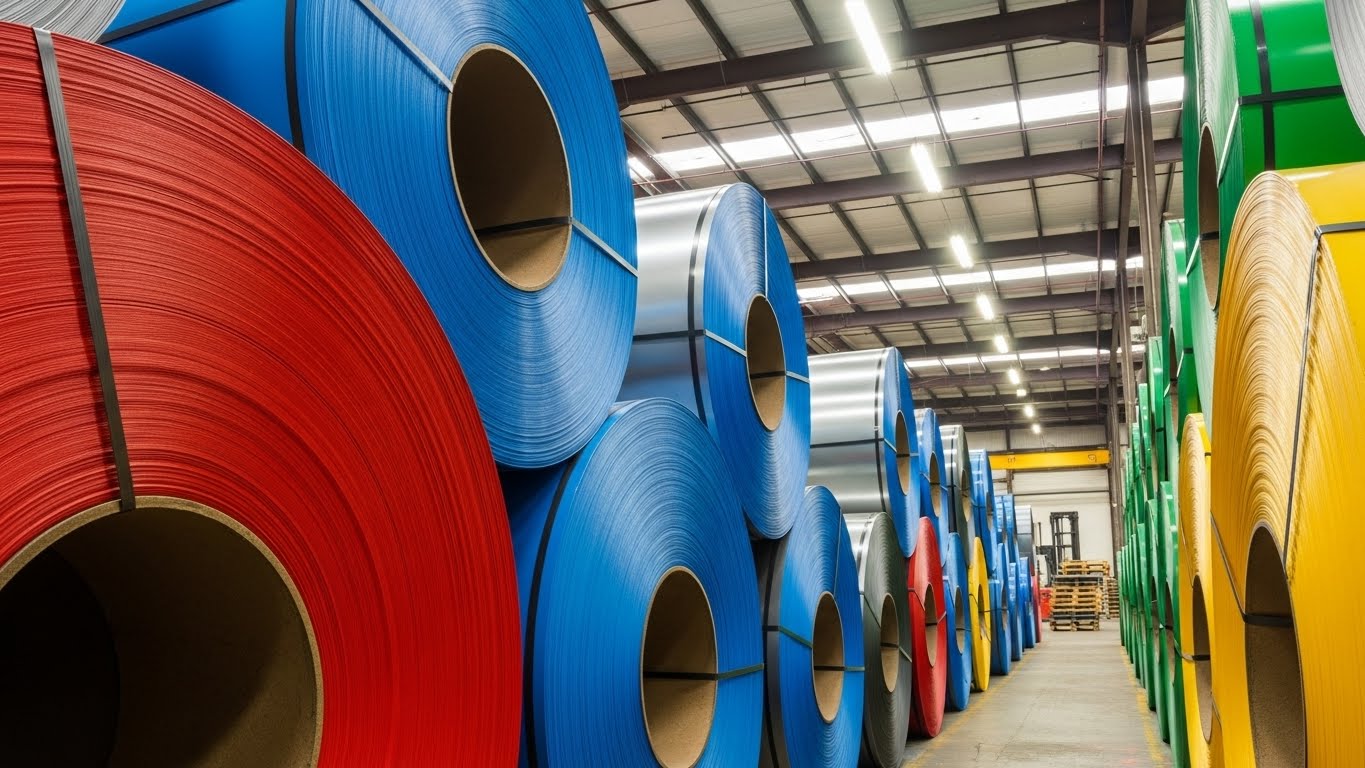 Farklı renklerde istiflenmiş boyalı rulo saclar