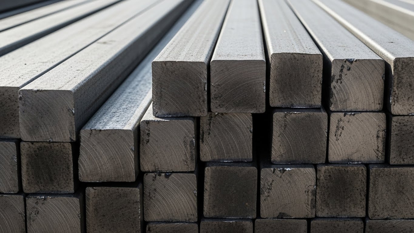 Depoda istiflenmiş kare dolu demirler