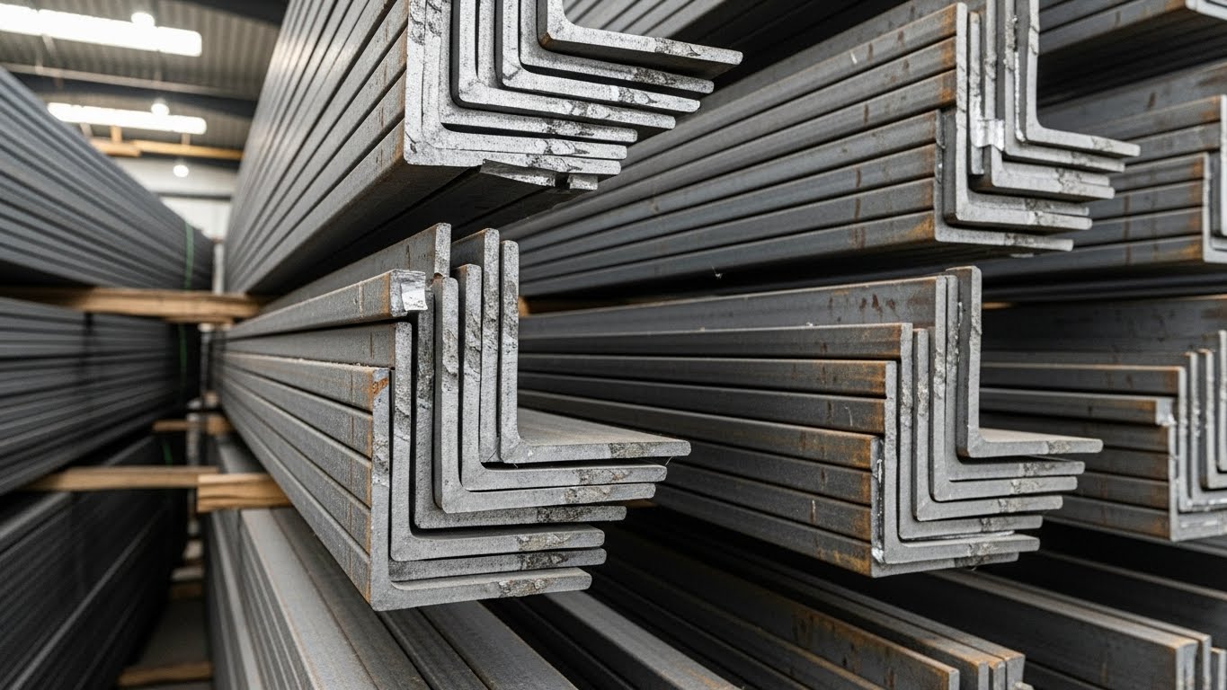 Depoda istiflenmiş 6 metre uzunluğunda Köşebent Demirler