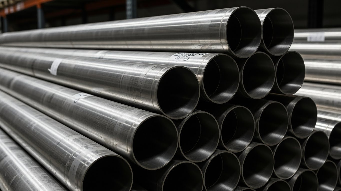 Farklı ebatlarda istiflenmiş paslanmaz çelik kazan boruları