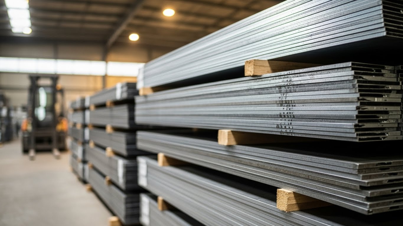 Farklı ebatlarda istiflenmiş plaka sac levhalar