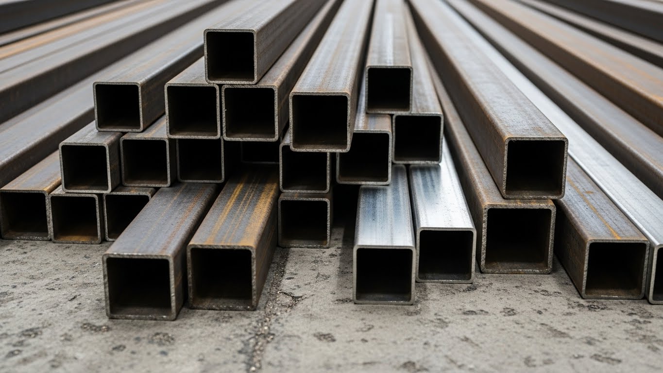 Büyük bir depoda istiflenmiş kalın kutu profiller